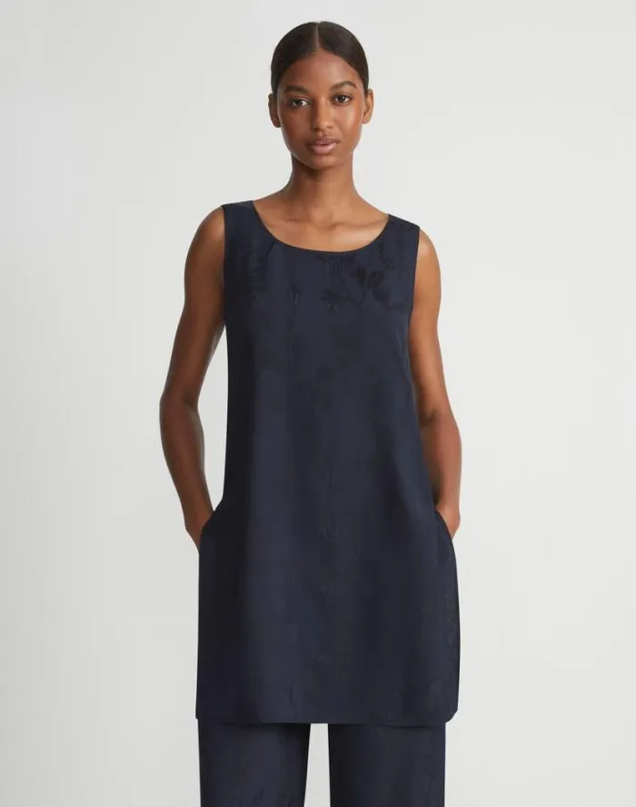 Lafayette 148 New York Flora Bloom Cloqu Jacquard Viscose Tunic Blouse Navy Ready To Wear Blouses and Shirts