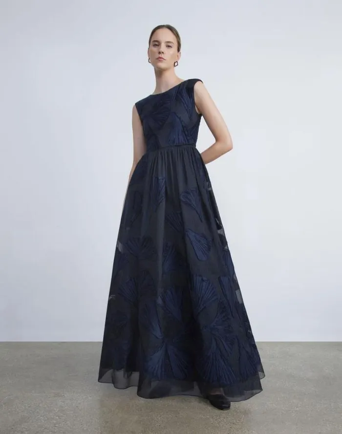 Lafayette 148 New York Leafed Pages CottonSilk Fil Coup Gown Midnight Blue Ready To Wear Dresses