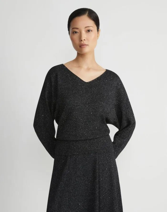 Lafayette 148 New York Merino WoolSequin Silk Blouson Sweater Black Metallic Ready To Wear Sweaters and Knits