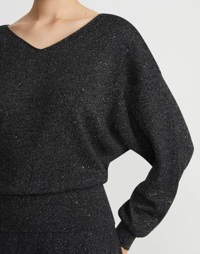 Lafayette 148 New York Merino WoolSequin Silk Blouson Sweater Black Metallic Ready To Wear Sweaters and Knits