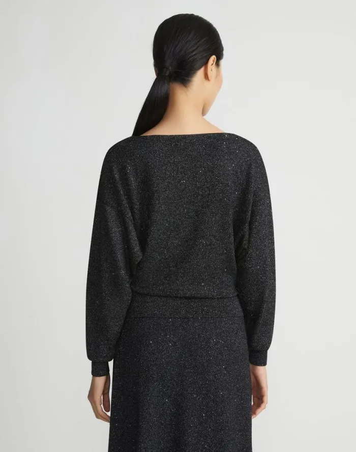 Lafayette 148 New York Merino WoolSequin Silk Blouson Sweater Black Metallic Ready To Wear Sweaters and Knits