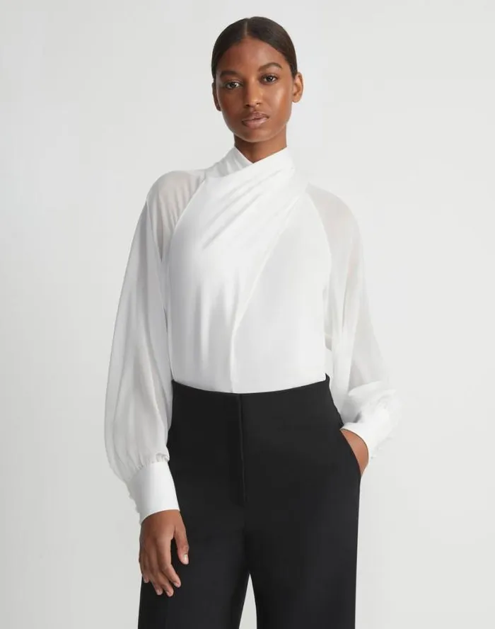 Lafayette 148 New York Opaque and Sheer Silk Wrap Blouse Cloud Ready To Wear Blouses and Shirts