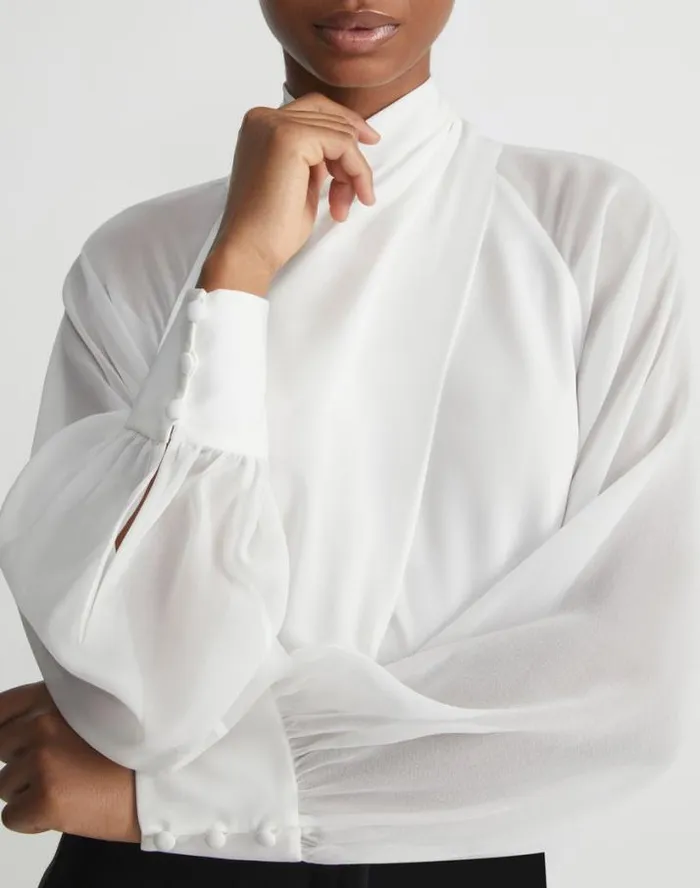 Lafayette 148 New York Opaque and Sheer Silk Wrap Blouse Cloud Ready To Wear Blouses and Shirts