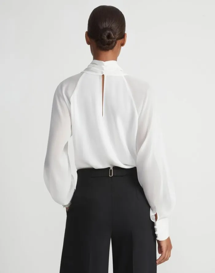 Lafayette 148 New York Opaque and Sheer Silk Wrap Blouse Cloud Ready To Wear Blouses and Shirts
