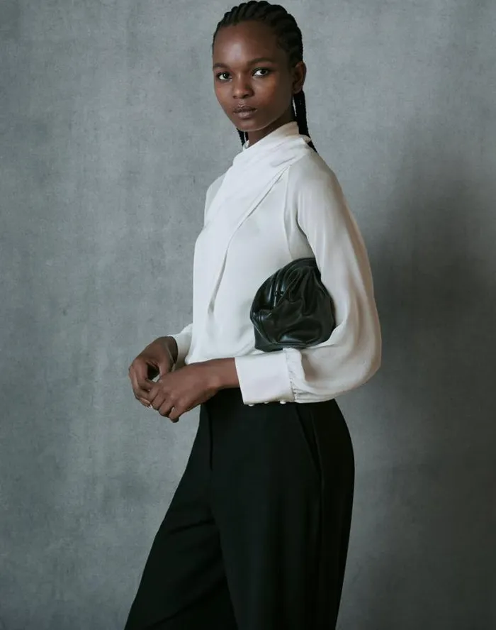 Lafayette 148 New York Opaque and Sheer Silk Wrap Blouse Cloud Ready To Wear Blouses and Shirts