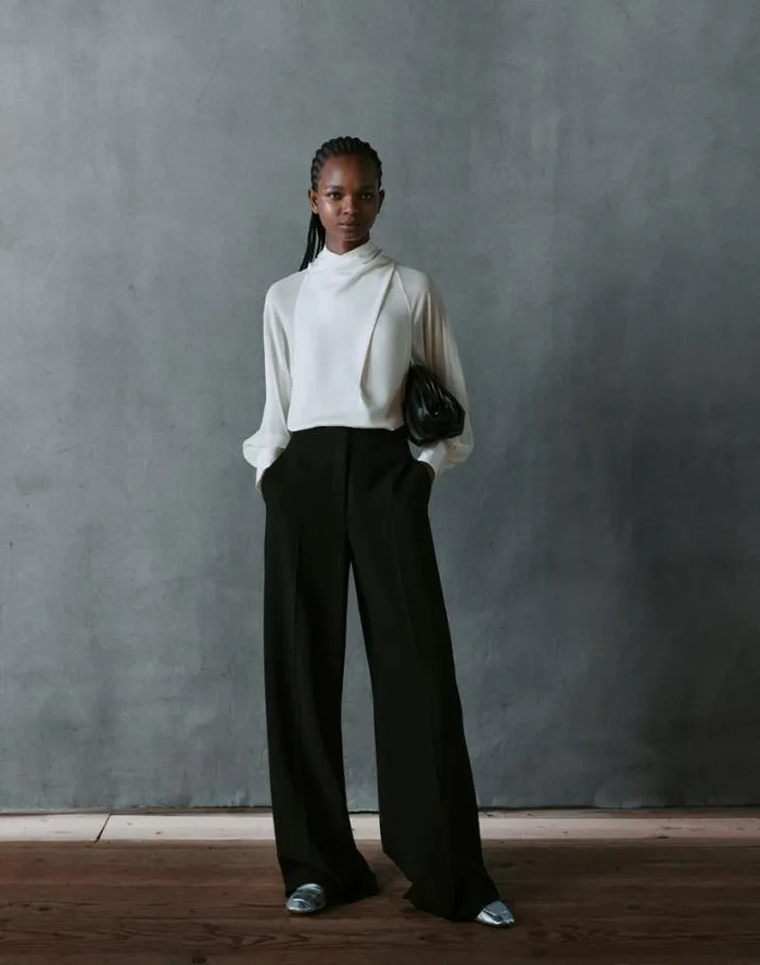 Lafayette 148 New York Opaque and Sheer Silk Wrap Blouse Cloud Ready To Wear Blouses and Shirts