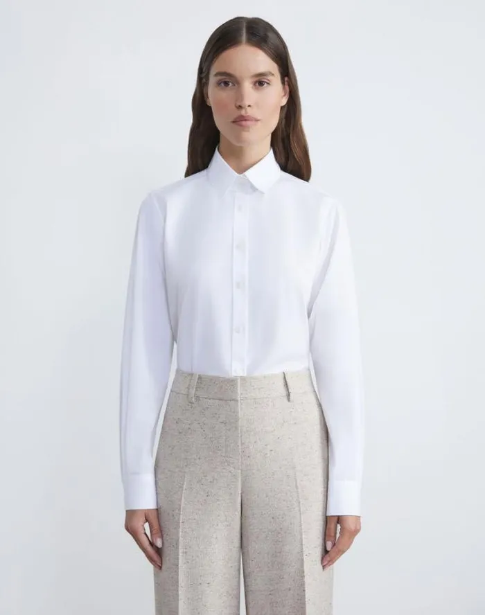 Lafayette 148 New York Organic Cotton Poplin High Collar Shirt White Ready To Wear Blouses and Shirts