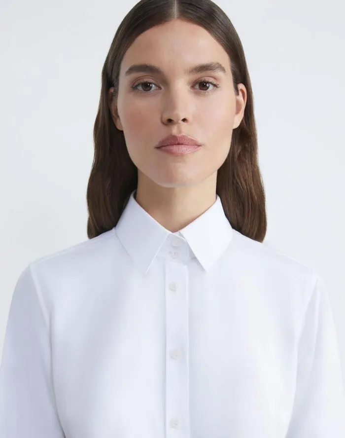 Lafayette 148 New York Organic Cotton Poplin High Collar Shirt White Ready To Wear Blouses and Shirts