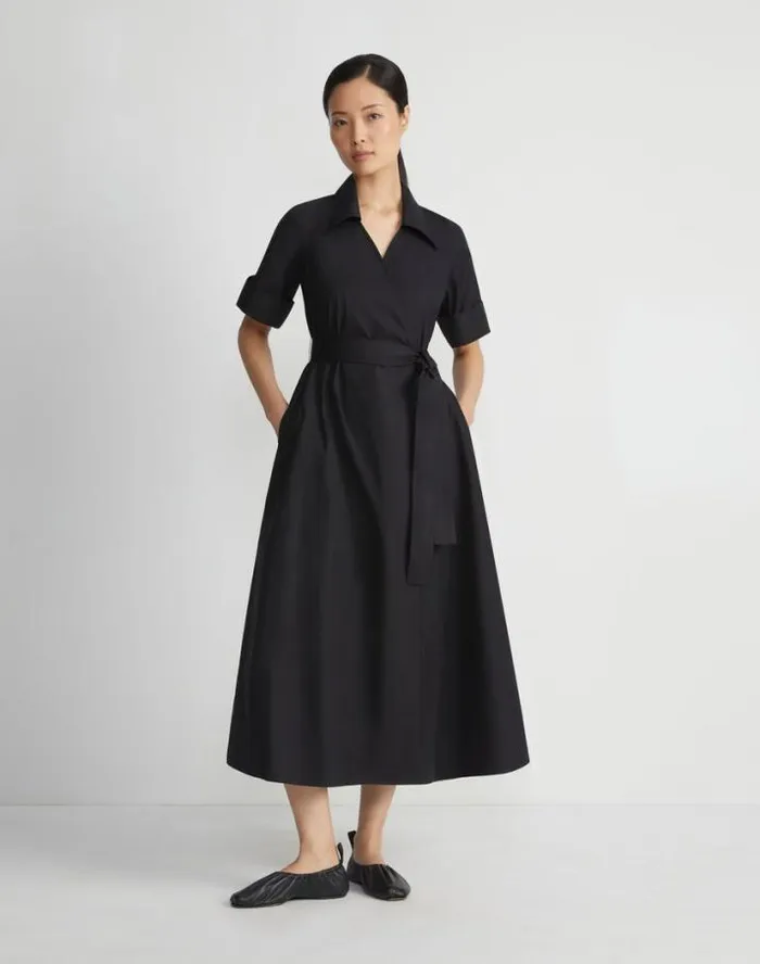 Lafayette 148 New York Organic Cotton Poplin Surplice Shirtdress Black Ready To Wear Dresses