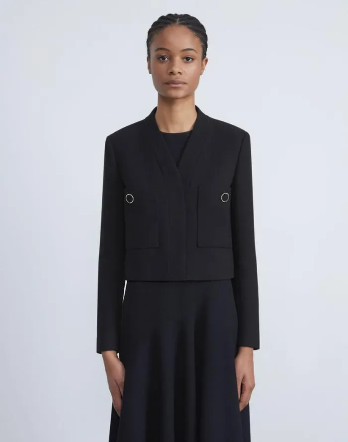 Lafayette 148 New York Responsible Wool Nouveau Crepe Collarless Jacket Black Ready To Wear Jackets and Blazers