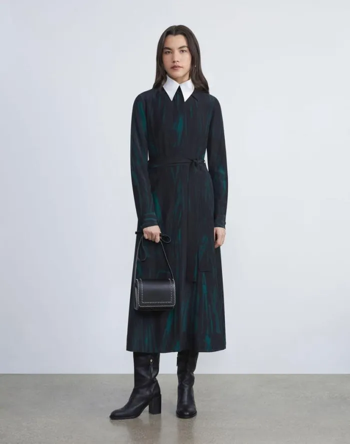 Lafayette 148 New York Stamped Pages Print Silk Crepe De Chine Shirtdress Black Multi Ready To Wear Dresses