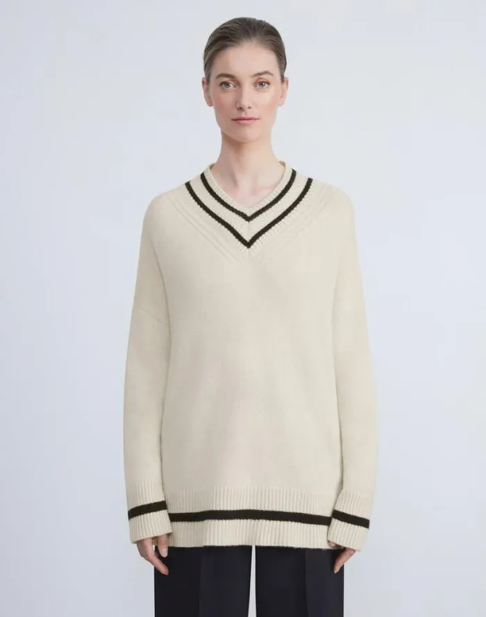 Lafayette 148 New York Stripe Cashmere VNeck Sweater Buff Multi Ready To Wear Sweaters and Knits