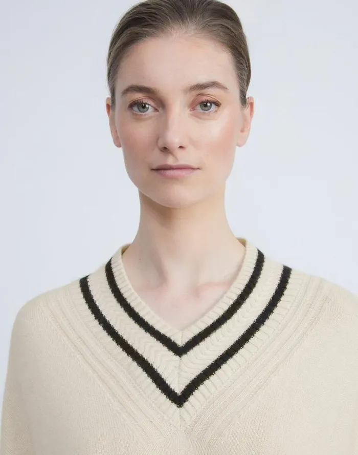 Lafayette 148 New York Stripe Cashmere VNeck Sweater Buff Multi Ready To Wear Sweaters and Knits