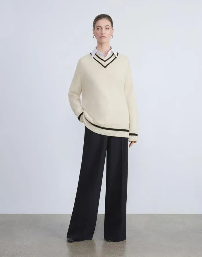 Lafayette 148 New York Stripe Cashmere VNeck Sweater Buff Multi Ready To Wear Sweaters and Knits