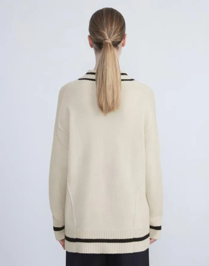 Lafayette 148 New York Stripe Cashmere VNeck Sweater Buff Multi Ready To Wear Sweaters and Knits