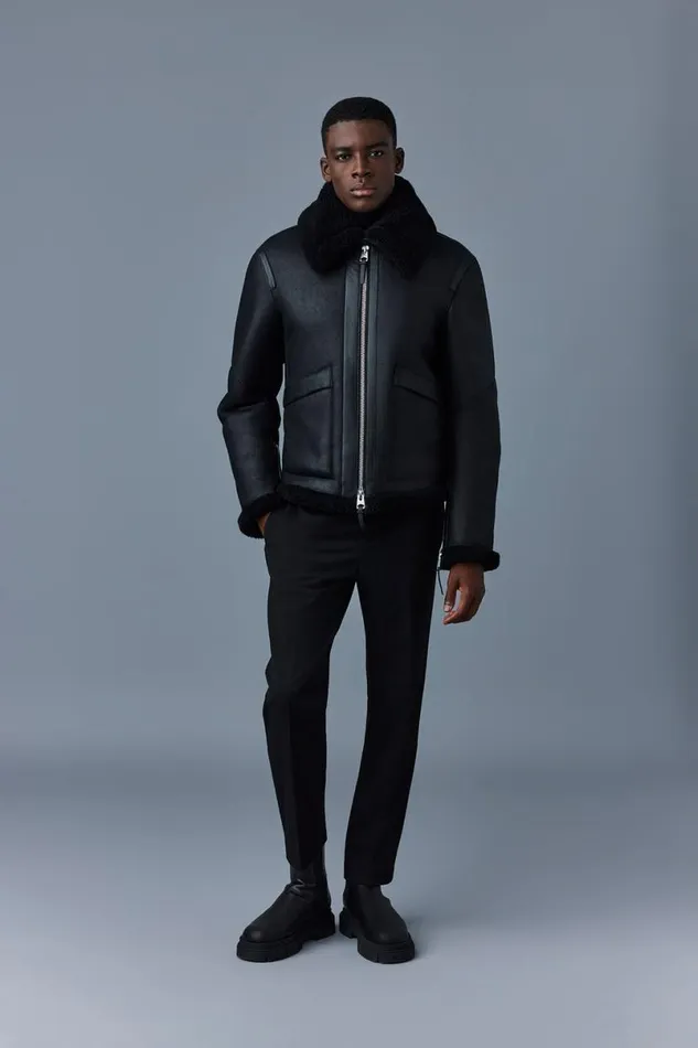 Leather Jackets Men Mackage KRISTIAN Sheepskin Jacket With Spread Collar Black