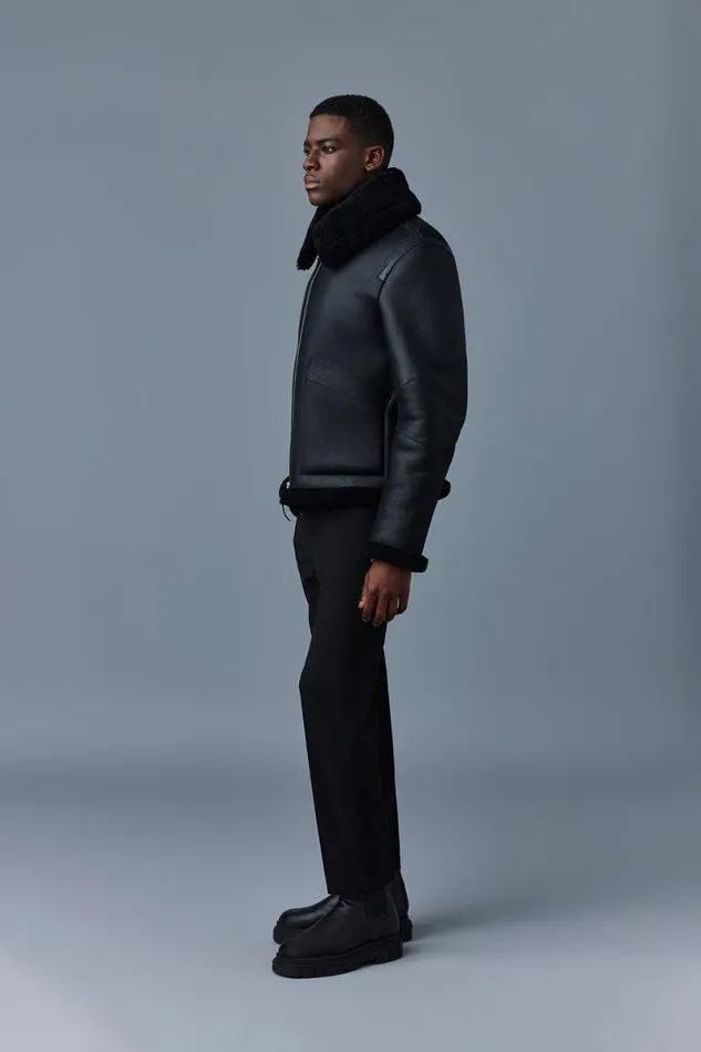 Leather Jackets Men Mackage KRISTIAN Sheepskin Jacket With Spread Collar Black