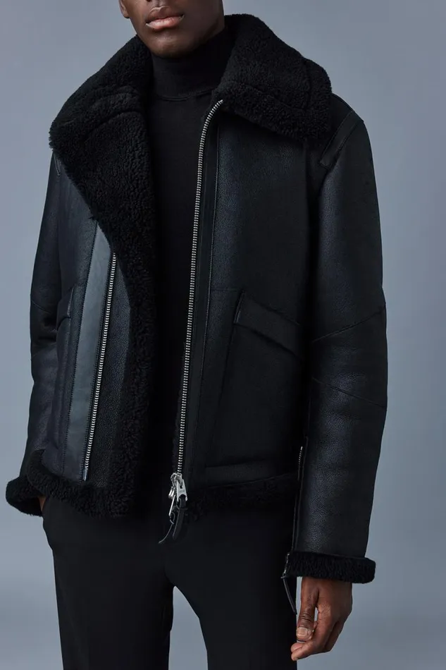 Leather Jackets Men Mackage KRISTIAN Sheepskin Jacket With Spread Collar Black