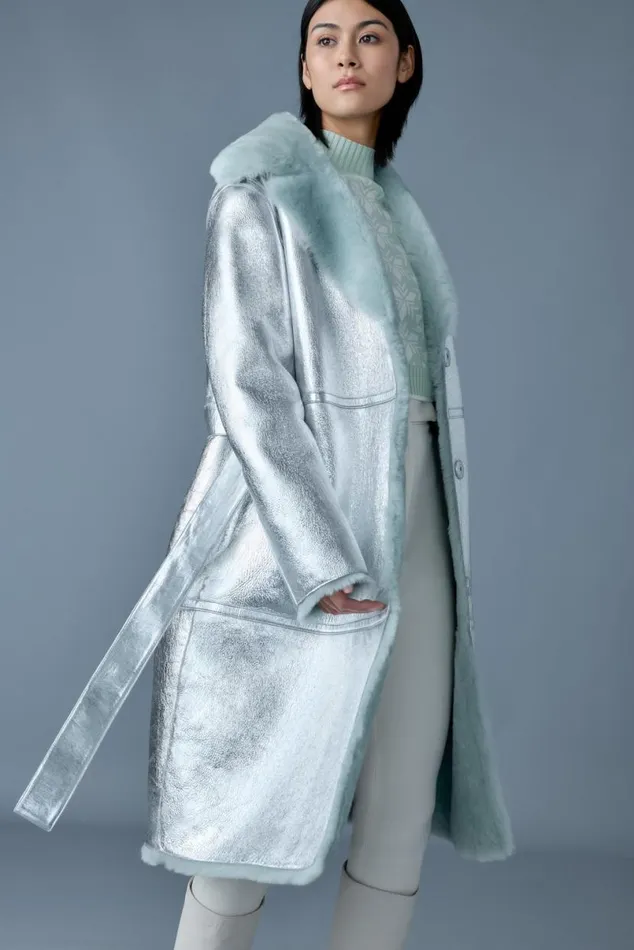 Leather Jackets Women Mackage KIMBERLY Long Leather Shearling Coat Silvermint