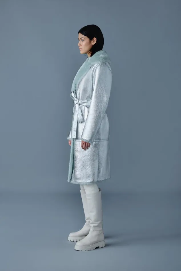 Leather Jackets Women Mackage KIMBERLY Long Leather Shearling Coat Silvermint