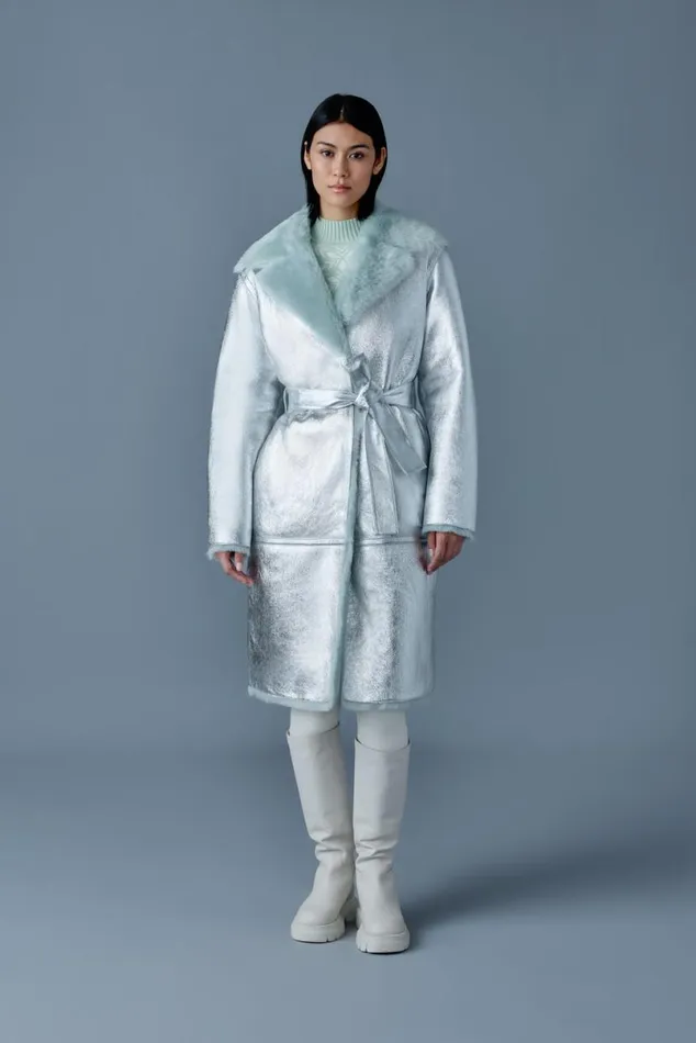Leather Jackets Women Mackage KIMBERLY Long Leather Shearling Coat Silvermint