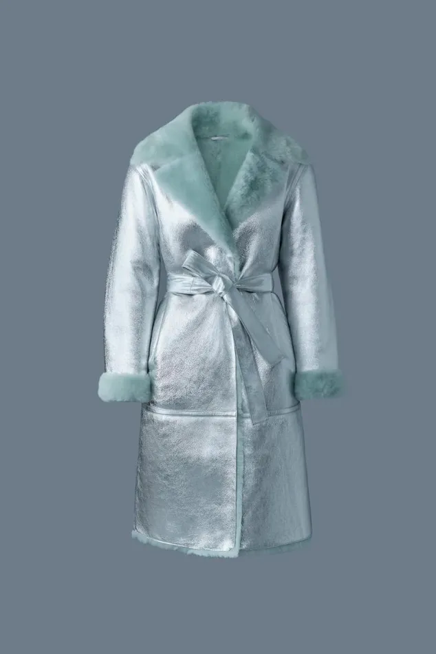 Leather Jackets Women Mackage KIMBERLY Long Leather Shearling Coat Silvermint