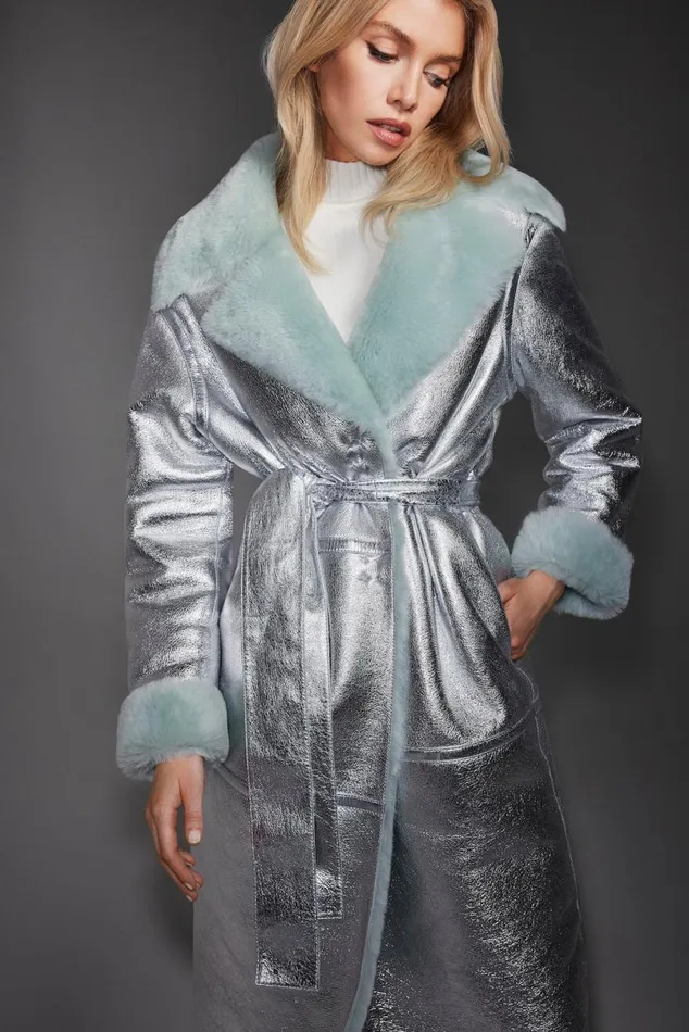 Leather Jackets Women Mackage KIMBERLY Long Leather Shearling Coat Silvermint