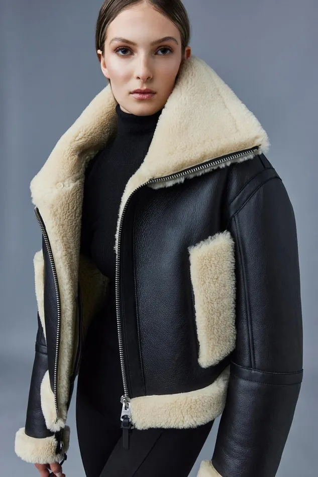 Leather Jackets Women Mackage PENELOPA Sheepskin Jacket With Double Collar Black