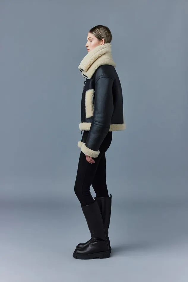 Leather Jackets Women Mackage PENELOPA Sheepskin Jacket With Double Collar Chocolate