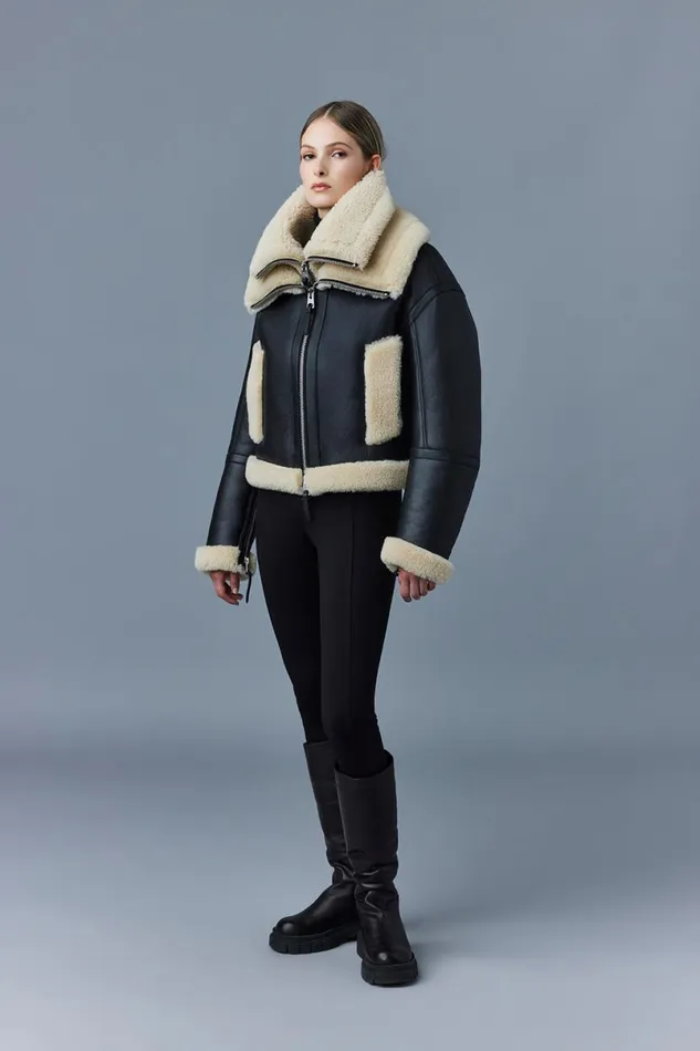 Leather Jackets Women Mackage PENELOPA Sheepskin Jacket With Double Collar Chocolate