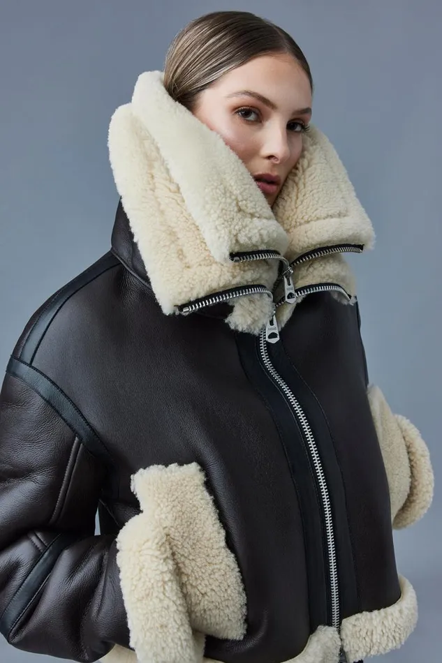 Leather Jackets Women Mackage PENELOPA Sheepskin Jacket With Double Collar Chocolate