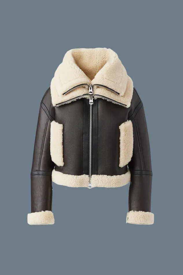Leather Jackets Women Mackage PENELOPA Sheepskin Jacket With Double Collar Chocolate