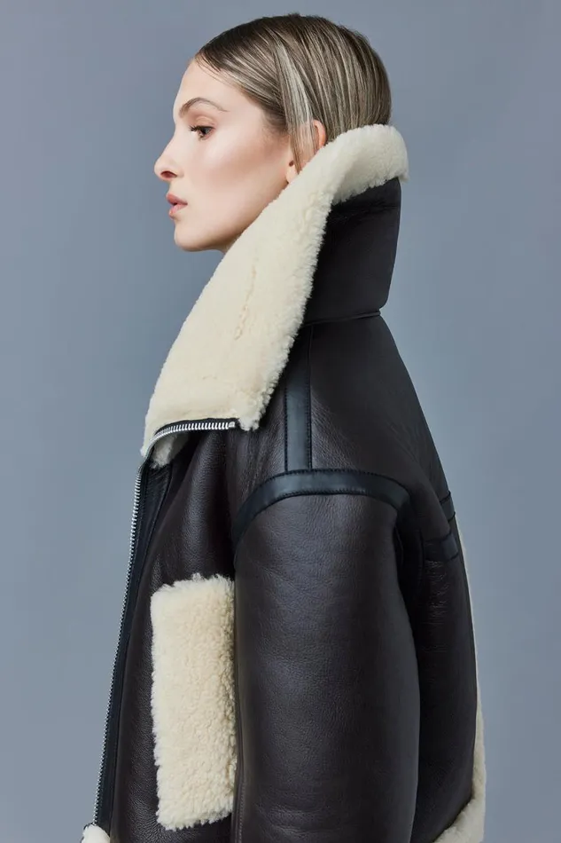 Leather Jackets Women Mackage PENELOPA Sheepskin Jacket With Double Collar Chocolate