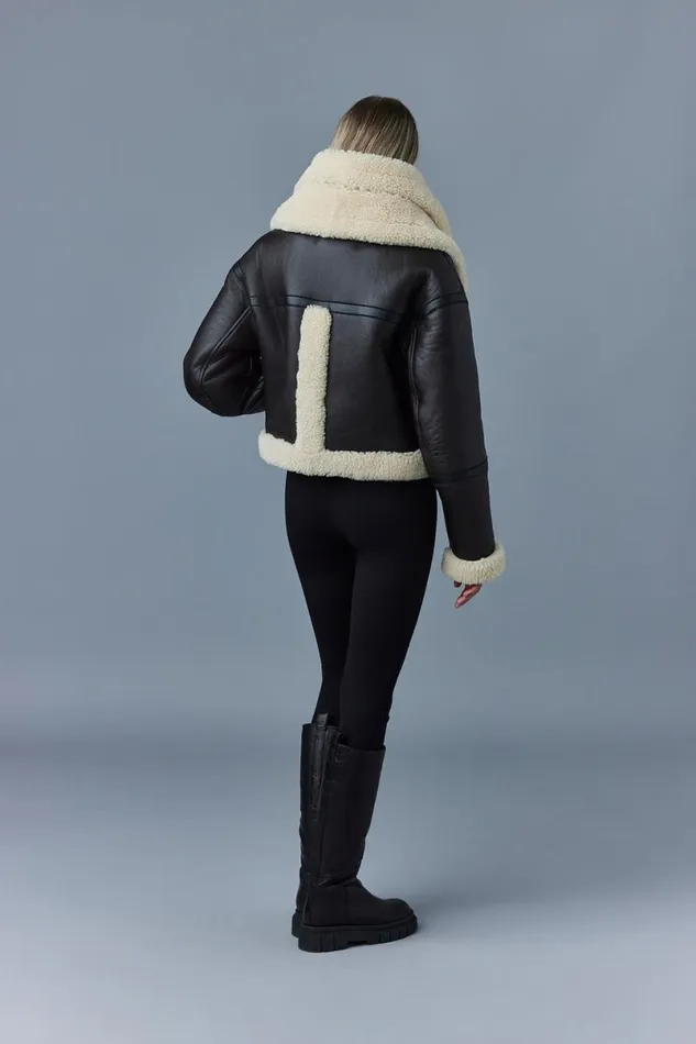 Leather Jackets Women Mackage PENELOPA Sheepskin Jacket With Double Collar Chocolate