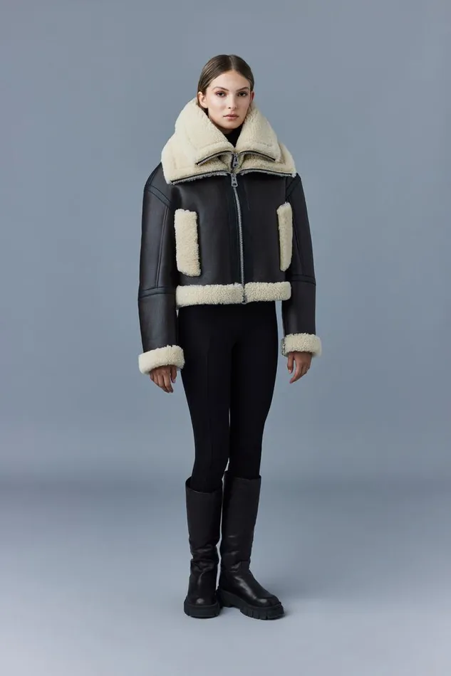 Leather Jackets Women Mackage PENELOPA Sheepskin Jacket With Double Collar Chocolate