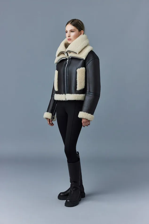 Leather Jackets Women Mackage PENELOPA Sheepskin Jacket With Double Collar Chocolate