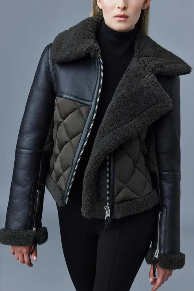 Leather Jackets Women Mackage TULIP Quilted Sheepskin Jacket With Shearling Trim Black
