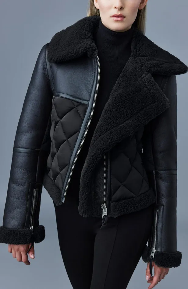 Leather Jackets Women Mackage TULIP Quilted Sheepskin Jacket With Shearling Trim Black