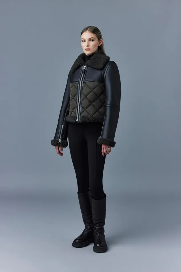 Leather Jackets Women Mackage TULIP Quilted Sheepskin Jacket With Shearling Trim Black