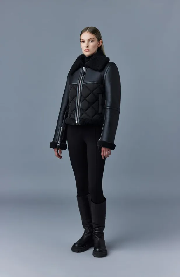 Leather Jackets Women Mackage TULIP Quilted Sheepskin Jacket With Shearling Trim Black