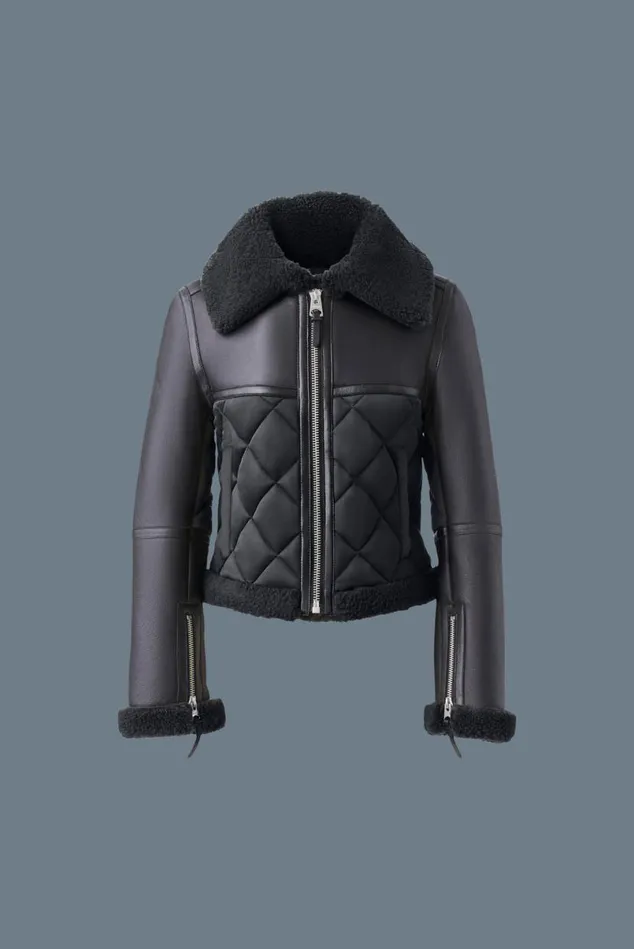 Leather Jackets Women Mackage TULIP Quilted Sheepskin Jacket With Shearling Trim Black