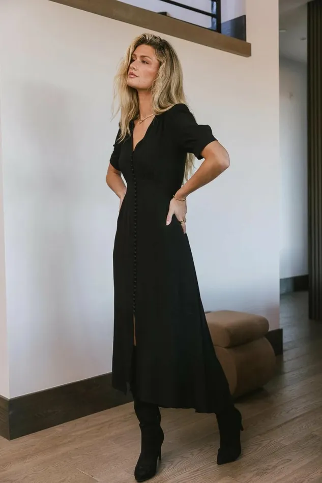 Lia Button Detail Dress In Black Black Women Bohme Dresses