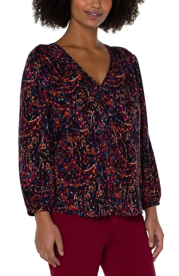 Liverpool Los Angeles 34 SLEEVE DOUBLE VNECK WOVEN TOP Batik Paisley Allover Print Women WOVEN TOPS