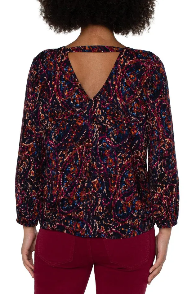 Liverpool Los Angeles 34 SLEEVE DOUBLE VNECK WOVEN TOP Batik Paisley Allover Print Women WOVEN TOPS