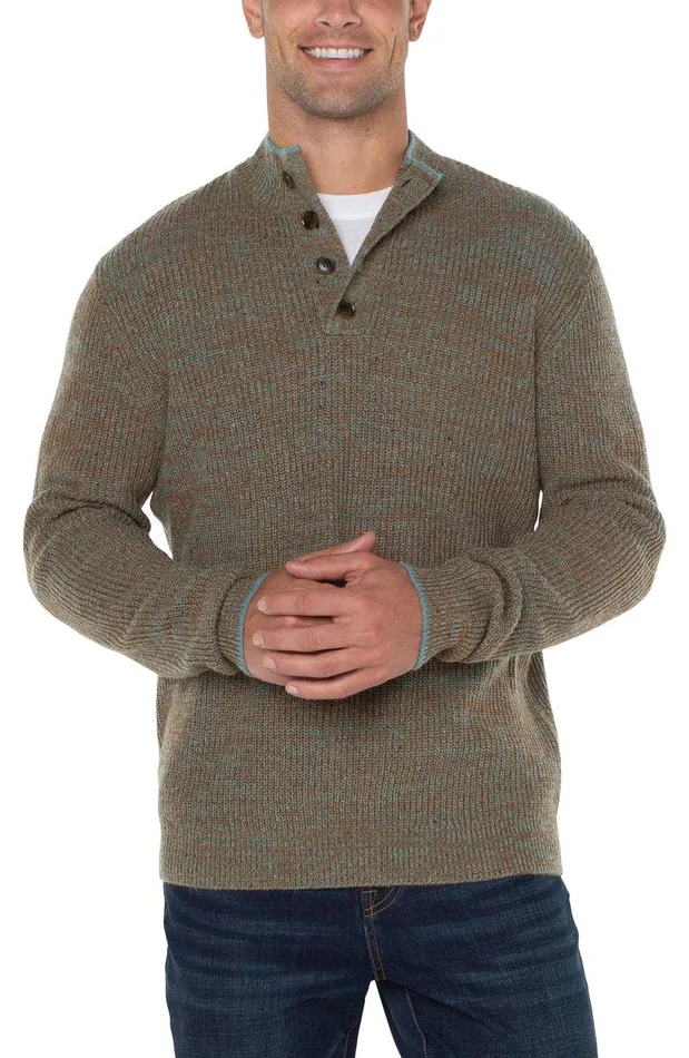 Liverpool Los Angeles BUTTON MOCK NECK SWEATER Caramel Multi Men SWEATERS