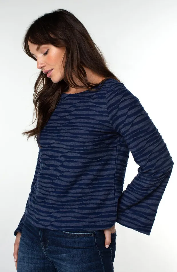 Liverpool Los Angeles FLARED SLEEVE BOAT NECK KNIT TOP Navy Spacedye Stripe Women KNIT TOPS