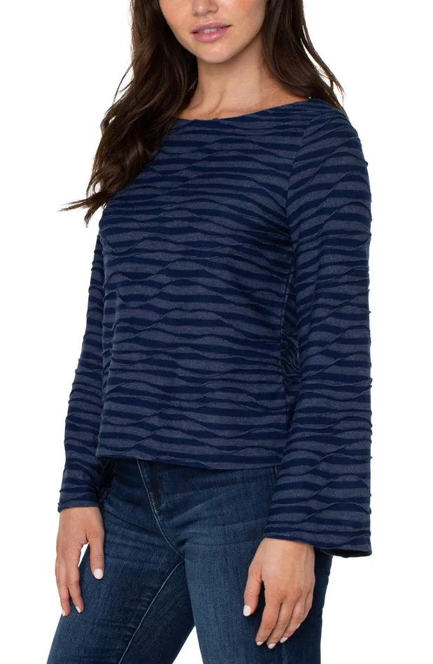 Liverpool Los Angeles FLARED SLEEVE BOAT NECK KNIT TOP Navy Spacedye Stripe Women KNIT TOPS