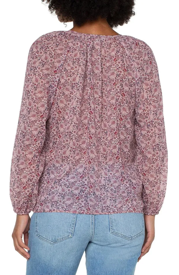 Liverpool Los Angeles LAYERED SHIRRED BLOUSE WITH NECK TIES Wildflower Ditsy Print Women WOVEN TOPS