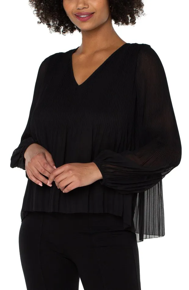 Liverpool Los Angeles LONG SLEEVE VNECK PLEATED TOP Black Women WOVEN TOPS