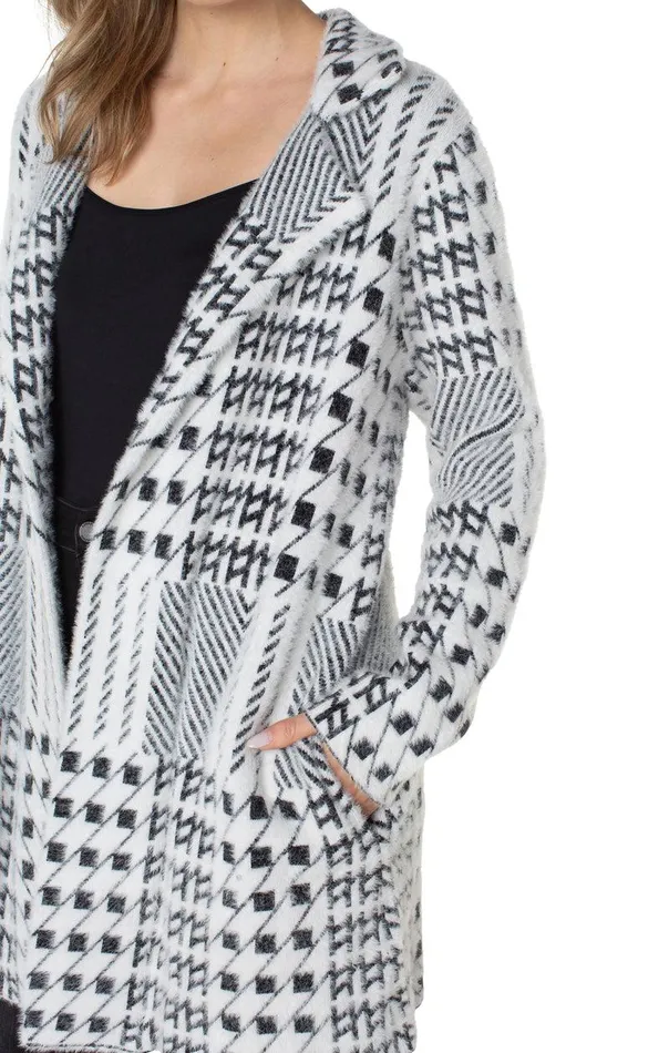 Liverpool Los Angeles OPEN FRONT COATIGAN SWEATER Black White Mixed Plaid Women COATIGANS